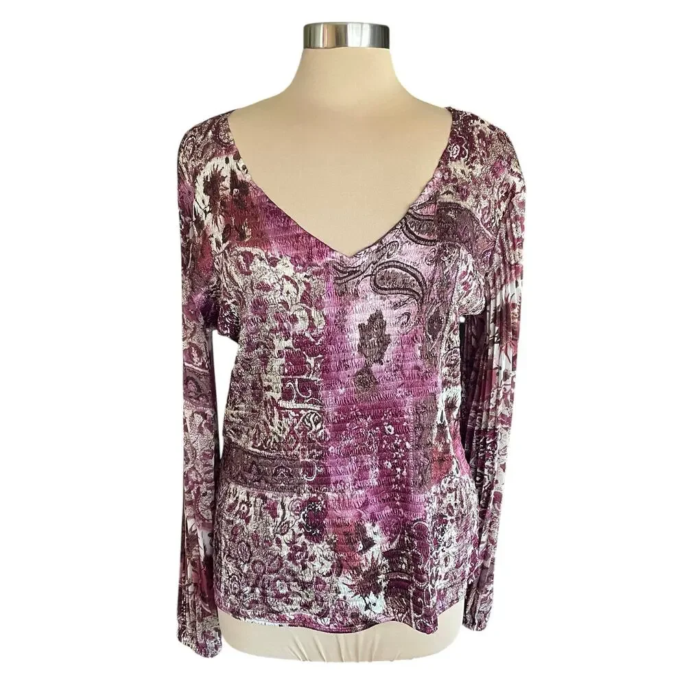 Dressbarn Burgundy Purple Paisley‎ Grunge Print Top LARGE Whimsygoth Dark Fairy
